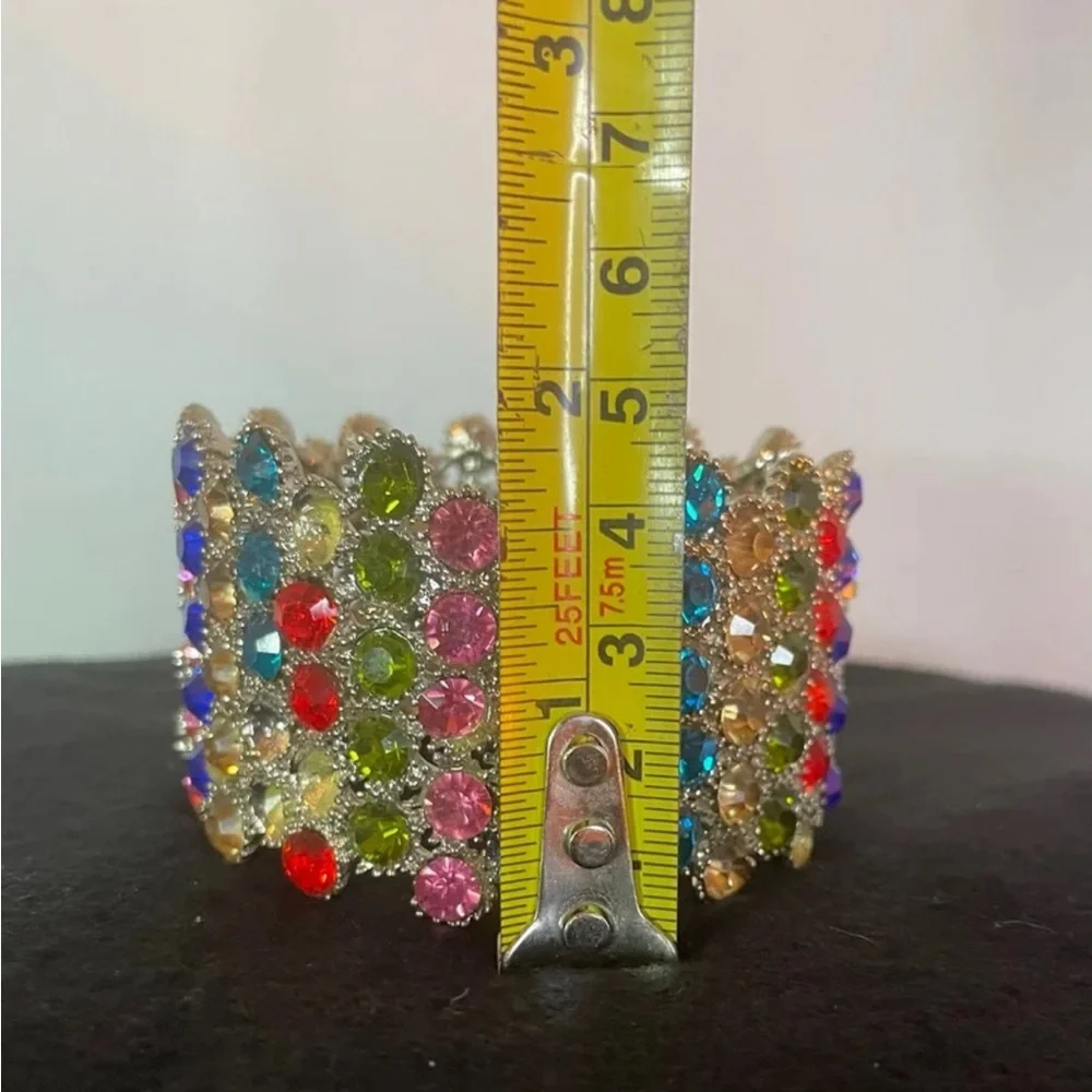 Wide Spring-Hinged Rhinestone Bangle Bracelet Muliti-Color Bling Colorful